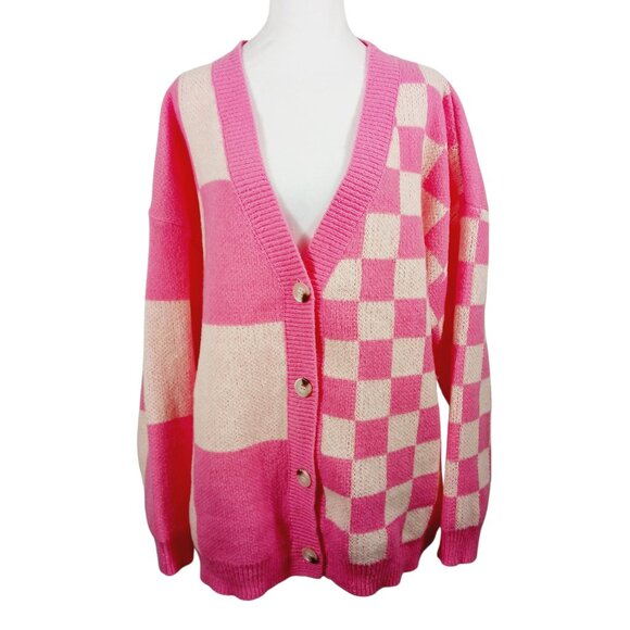 BiBi Sweaters - BIBI Pink & Ivory Mixed Checkered Oversized Cardigan Sweater Size LRG, Cozy Chic